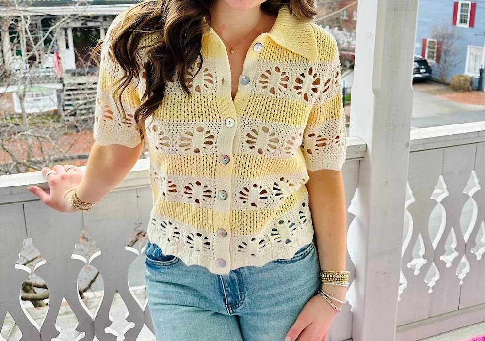 NEW ANOTHER LOVE stripe crochet button down top in yellow and cream